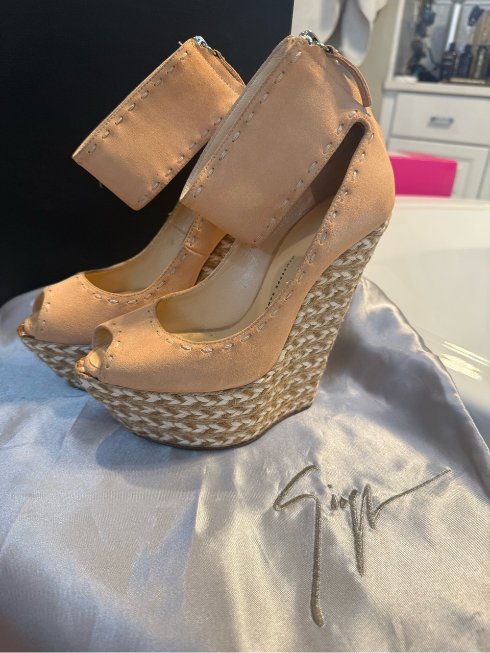 Giuseppe Zanotti Peach Wedge Peep-Toe Espadrilles with Ankle Cuff
